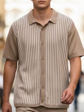 Threadbare Men's Tan & Cream Striped Short Sleeve Knit Polo SZ XL EUC Preppy